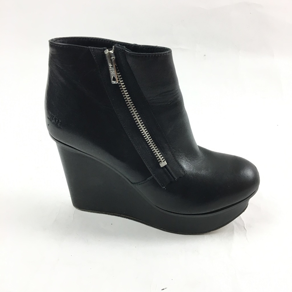 Diesel  Black Leather Platform Wedge Bootie